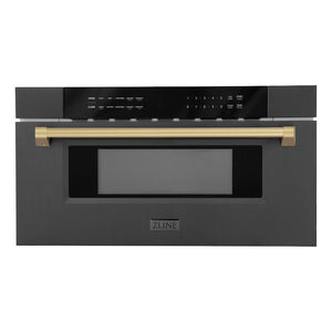 ZLINE Autograph Edition 30" 1.2 cu. ft. Built-in Microwave Drawer in Black Stainless Steel and Champagne Bronze Accents