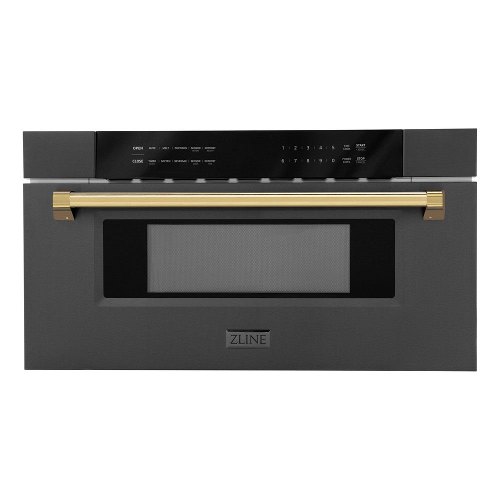 ZLINE Autograph Edition 30" 1.2 cu. ft. Built-in Microwave Drawer in Black Stainless Steel and Gold Accents