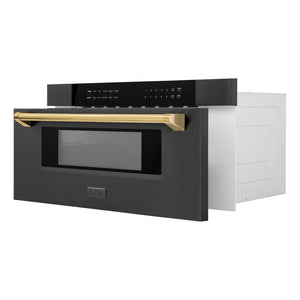 ZLINE Autograph Edition 30" 1.2 cu. ft. Built-in Microwave Drawer in Black Stainless Steel and Gold Accents