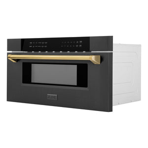 ZLINE Autograph Edition 30" 1.2 cu. ft. Built-in Microwave Drawer in Black Stainless Steel and Gold Accents