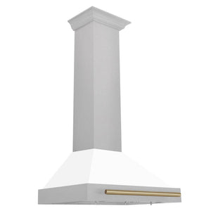 ZLINE 48" Autograph Edition Fingerprint Resistant Stainless Steel Range Hood with White Matte Shell and Champagne Bronze Handle