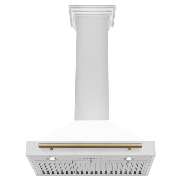 ZLINE 30" Autograph Edition Stainless Steel Range Hood with White Matte Shell and Champagne Bronze Accents