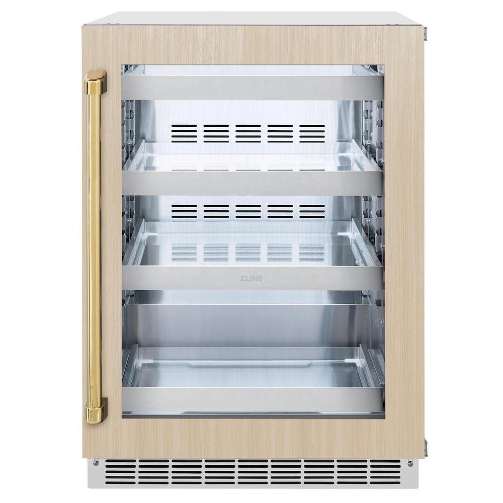 ZLINE Autograph Edition 24 in. Touchstone 151 Can Beverage Fridge With Panel Ready Glass Door And Polished Gold Handle