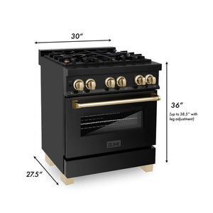 ZLINE Autograph Edition 30" 4.0 cu. ft. Dual Fuel Range with Gas Stove and Electric Oven in Black Stainless Steel with Gold Accents (RABZ-30-G)