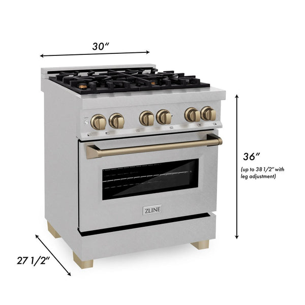 ZLINE Autograph Edition 30" 4.0 cu. ft. Dual Fuel Range with Gas Stove and Electric Oven in Fingerprint Resistant Stainless Steel with Champagne Bronze Accents (RASZ-SN-30-CB)