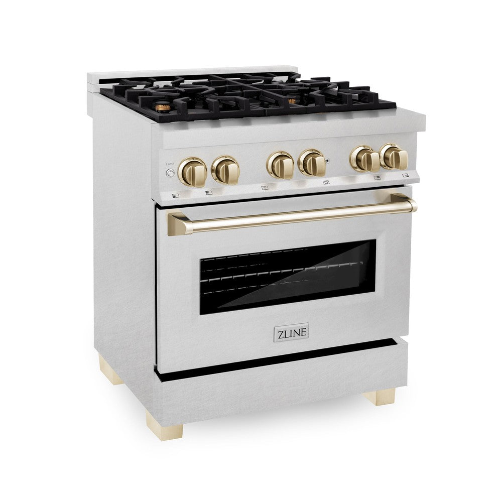 ZLINE Autograph Edition 30" 4.0 cu. ft. Dual Fuel Range with Gas Stove and Electric Oven in Fingerprint Resistant Stainless Steel with Gold Accents (RASZ-SN-30-G)