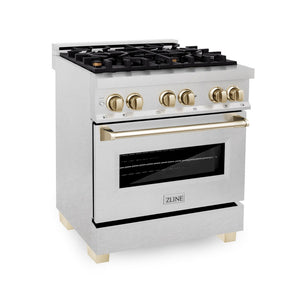 ZLINE Autograph Edition 30" 4.0 cu. ft. Dual Fuel Range with Gas Stove and Electric Oven in Fingerprint Resistant Stainless Steel with Gold Accents (RASZ-SN-30-G)