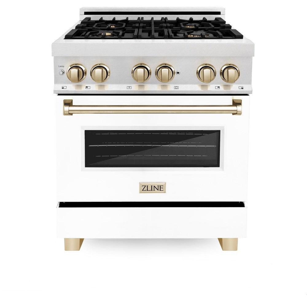 ZLINE Autograph Edition 30" 4.0 cu. ft. Dual Fuel Range with Gas Stove and Electric Oven in Fingerprint Resistant Stainless Steel with White Matte Door and Gold Accents (RASZ-WM-30-G)