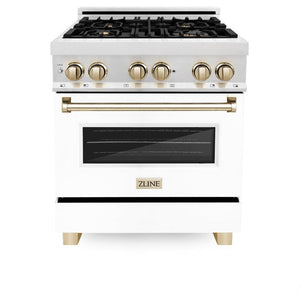 ZLINE Autograph Edition 30" 4.0 cu. ft. Dual Fuel Range with Gas Stove and Electric Oven in Fingerprint Resistant Stainless Steel with White Matte Door and Gold Accents (RASZ-WM-30-G)