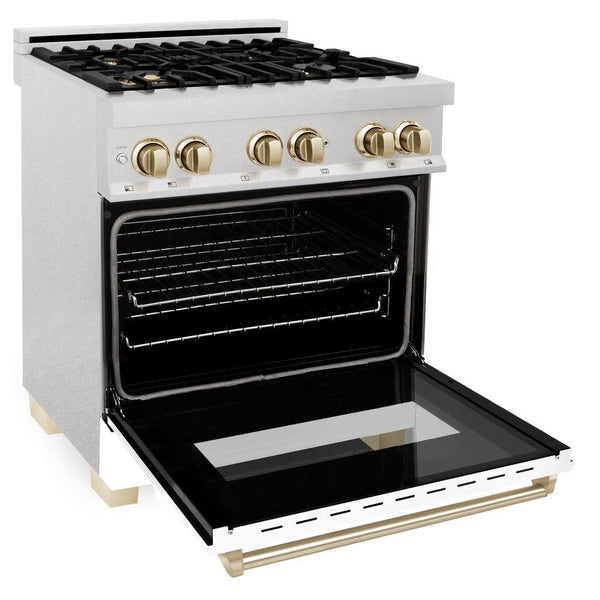 ZLINE Autograph Edition 30" 4.0 cu. ft. Dual Fuel Range with Gas Stove and Electric Oven in Fingerprint Resistant Stainless Steel with White Matte Door and Gold Accents (RASZ-WM-30-G)