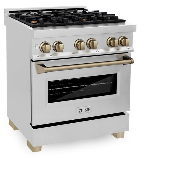 ZLINE Autograph Edition 30" 4.0 cu. ft. Dual Fuel Range with Gas Stove and Electric Oven in Stainless Steel with Champagne Bronze Accents (RAZ-30-CB)