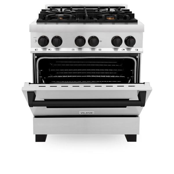 ZLINE Autograph Edition 30" 4.0 cu. ft. Dual Fuel Range with Gas Stove and Electric Oven in Stainless Steel with Matte Black Accents (RAZ-30-MB)