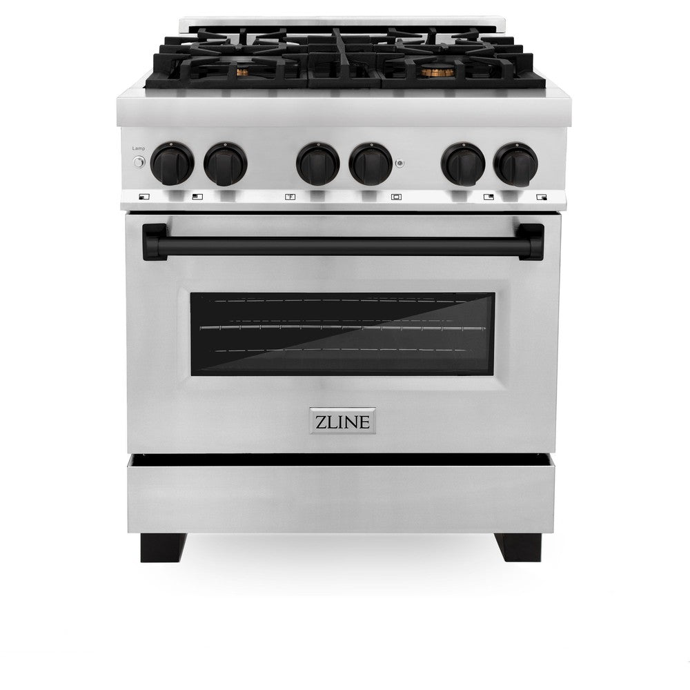 ZLINE Autograph Edition 30" 4.0 cu. ft. Dual Fuel Range with Gas Stove and Electric Oven in Stainless Steel with Matte Black Accents (RAZ-30-MB)
