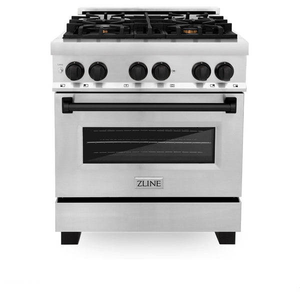 ZLINE Autograph Edition 30" 4.0 cu. ft. Dual Fuel Range with Gas Stove and Electric Oven in Stainless Steel with Matte Black Accents (RAZ-30-MB)