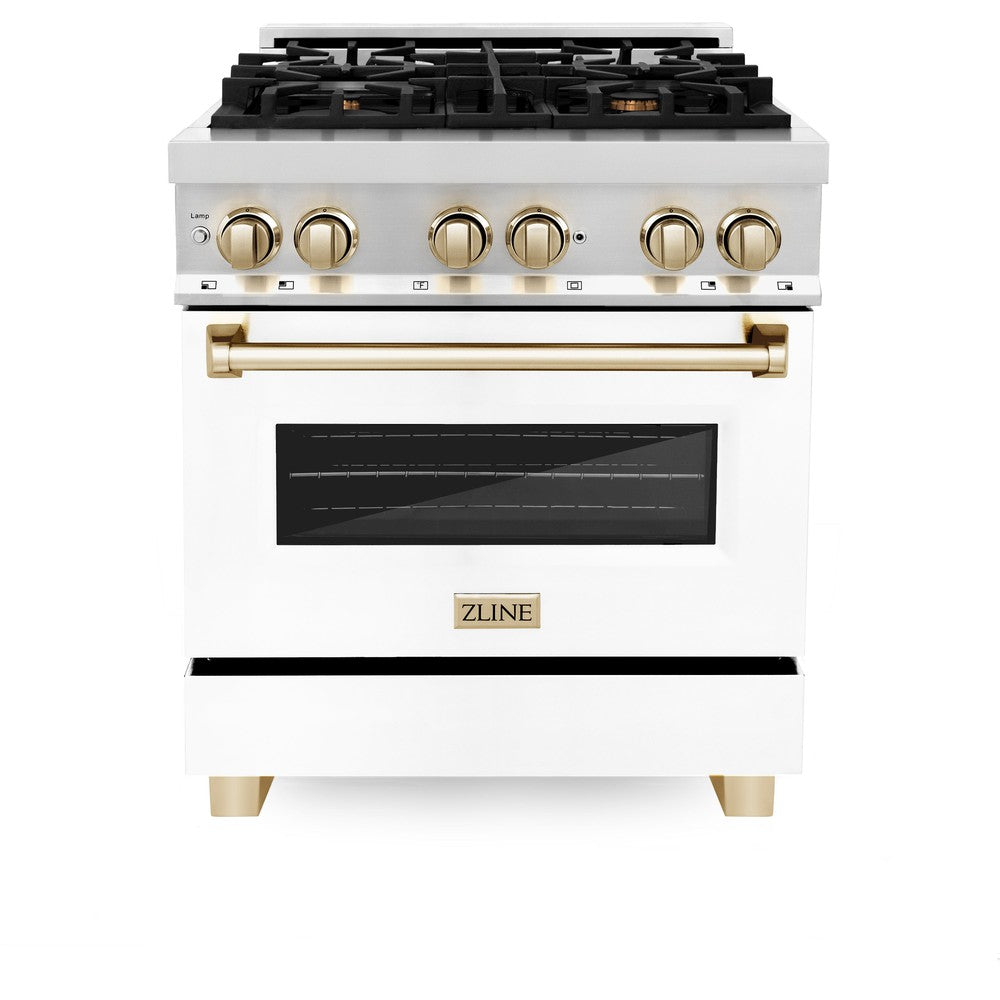 ZLINE Autograph Edition 30" 4.0 cu. ft. Dual Fuel Range with Gas Stove and Electric Oven in Stainless Steel with White Matte Door and Gold Accents (RAZ-WM-30-G)
