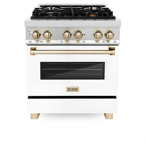 ZLINE Autograph Edition 30" 4.0 cu. ft. Dual Fuel Range with Gas Stove and Electric Oven in Stainless Steel with White Matte Door and Gold Accents (RAZ-WM-30-G)