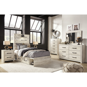 Cambeck - 6 Pc. - Dresser, Mirror, Twin Panel Bed with Side Storage Drawers - Whitewash