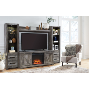 Wynnlow - Entertainment Center - TV Stand With Glass/Stone Fireplace Insert - Gray