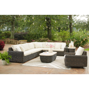 Kimora - 7 Pc. - 4-Piece Outdoor Sectional, Swivel Glider Lounge, Cocktail Table, End Table - Beige / Dark Brown