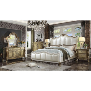 Dresden II - Queen Bed - Pearl White Synthetic Leather & Gold Patina