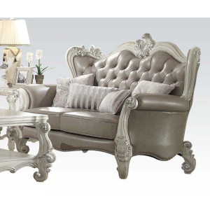 Versailles - Loveseat With 4 Pillows - Vintage Gray Synthetic Leather & Bone White