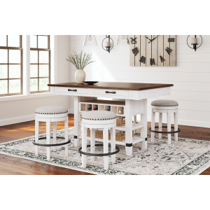 Valebeck - 5 Pc. - Counter Table With Wine Rack, 4 Swivel Stools - White / Brown
