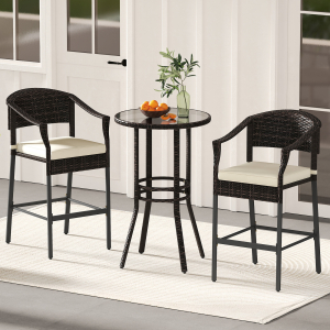 3-Piece Patio Rattan Bar Set with Tempered Glass Top for Backyard Poolside-Brown