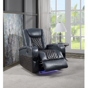 Alair - Power Motion Recliner With Bluetooth, Wireless Charger & Cupholder - Blue & Black Leather Aire