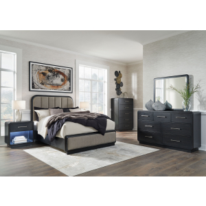 Rowanbeck - 7 Pc. - Dresser, Mirror, Chest, Queen Upholstered Panel Bed, 2 Nightstands - Gray / Black