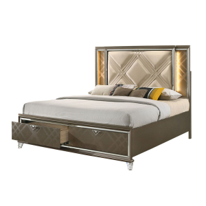 Skylar - Full Bed With LED & Storage - Synthetic Leather & Dark Champagne