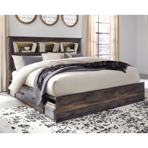 Drystan - King Bookcase Bed With 4 Storage Drawers - Brown / Beige