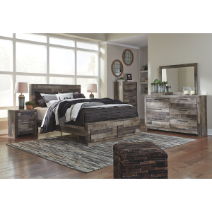 Derekson - 6 Pc. - Dresser, Mirror, Queen Panel Bed with 2 Storage Drawers - Multi Gray