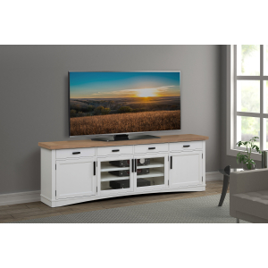 Americana Modern - TV Console With Hutch And LED Lights - Cotton With Weathered Natural Top