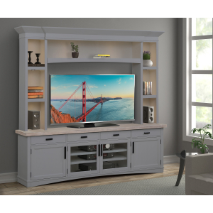 Americana Modern - TV Console With Hutch And LED Lights - Dove With Weathered Natural Top