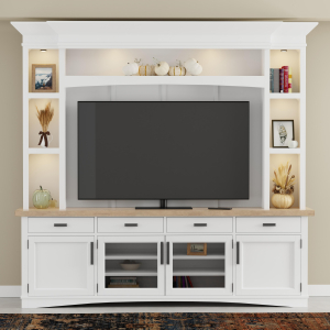 Americana Modern - TV Console With Hutch Back Panel And LED Lights - Cotton With Weathered Natural Top