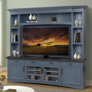 Americana Modern - TV Console With Hutch Back Panel And LED Lights - Denim