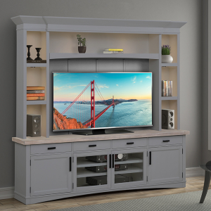 Americana Modern - TV Console With Hutch Back Panel And LED Lights - Dove With Weathered Natural Top