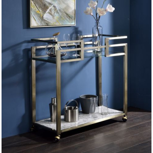 Neilo - Serving Cart - Clear Glass, Faux Marble Top & Wire Brass