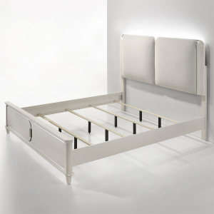 Laveda - Queen Bed With LED - Light Gray Boucle & Pearl White