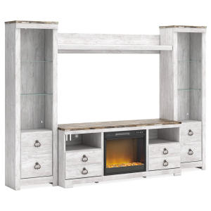 Willowton - 4-Piece Entertainment Center With 64## TV Stand And Glass/Stone Fireplace Insert - Whitewash