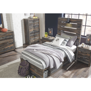 Drystan - 8 Pc. - Dresser, Mirror, Twin Panel Bed with 2 Side Drawers, 2 Nightstands - Brown / Beige
