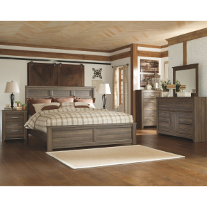 Juararo - 7 Pc. - Dresser, Mirror, California King Panel Bed, 2 Nightstands - Dark Brown