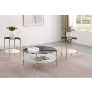 Jonelle - 3 Piece Round Coffee And End Table Set - Gold / Smoke