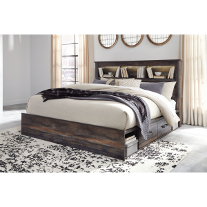 Drystan - King Bookcase Bed with 2 Side Drawers - Brown / Beige