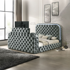 Kana - Eastern King Bed With LED, Fireplace & TV Stand - Gray Upholstery Velvet