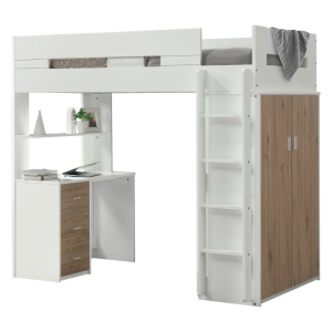 Nerice - Twin Loft Bed With Desk & Wardrobe - White & Oak