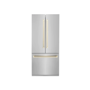 ZLINE 36” Autograph Edition 19.6 cu. ft. Built-in 3-Door French Door Refrigerator with Internal Water and Ice Dispenser in Stainless Steel with Gold Accents