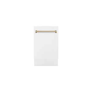 ZLINE Autograph Edition 18” Compact 3rd Rack Top Control Built-In Dishwasher in White Matte with Champagne Bronze Handle, 51dBa (DWVZ-WM-18-CB)