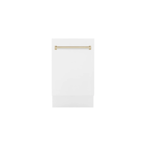 ZLINE Autograph Edition 18” Compact 3rd Rack Top Control Built-In Dishwasher in White Matte with Gold Handle, 51dBa (DWVZ-WM-18-G)