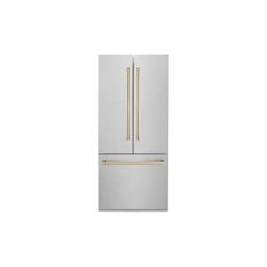 ZLINE 36” Autograph Edition 19.6 cu. ft. Built-in 3-Door French Door Refrigerator with Internal Water and Ice Dispenser in Fingerprint Resistant Stainless Steel with Champagne Bronze Accents